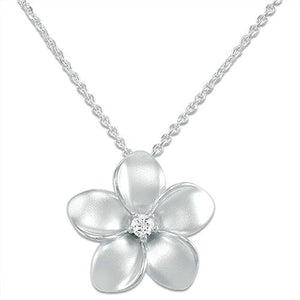 Plumeria Necklace with White Sapphire in Sterling Silver - 20mm