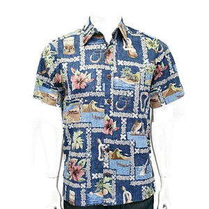 Men's Square Lei Reverse Print Aloha Shirt (H73830)~ Navy