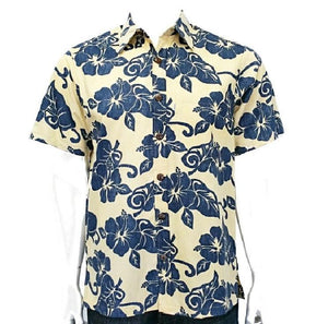 Men's Hibiscus Reverse Print Cotton Aloha Shirt (H73615) ~ Yellow