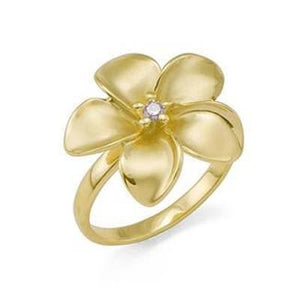 Maui Divers Jewelry Plumeria Ring with Diamond in 14K Yellow Gold 18mm