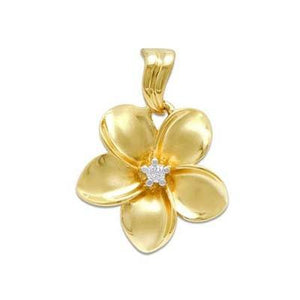 Maui Divers Jewelry Plumeria Pendant with Diamond in 14K Yellow Gold 18 mm