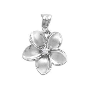 Maui Divers Jewelry Plumeria Pendant with Diamond in 14K White Gold - 18mm