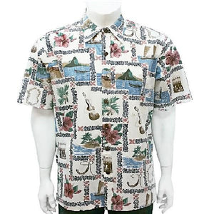 Men's Square Lei Reverse Print Aloha Shirt (H73830)~ Cream