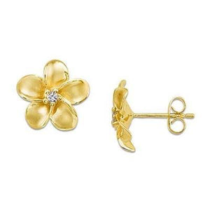 Maui Divers Jewelry Plumeria Earrings with Diamonds in 14K Yellow Gold - 13mm