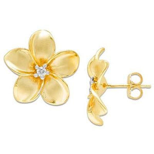 Maui Divers Jewelry Plumeria Earrings with Diamonds in 14K Yellow Gold - 18mm