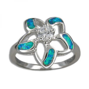 Sterling Silver Hawaiian Cut-in Blue Opal Plumeria Ring