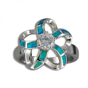 Sterling Silver Hawaiian Cut Out Blue Opal Plumeria Ring