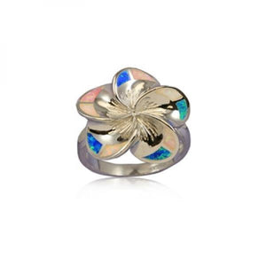 Sterling Silver Hawaiian Rainbow Opal Plumeria Ring