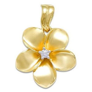 Maui Divers Jewelry Plumeria Pendant with Diamond-14K Yellow Gold~23mm