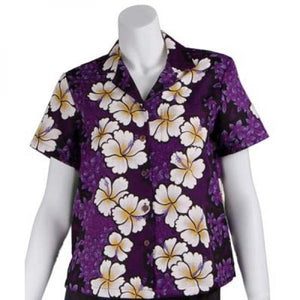 Women's Purple Hibiscus Panel Camp Blouse Plus Size