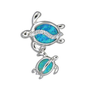 Sterling Silver Hawaiian Blue Opal Mother & Baby Honu Pendant