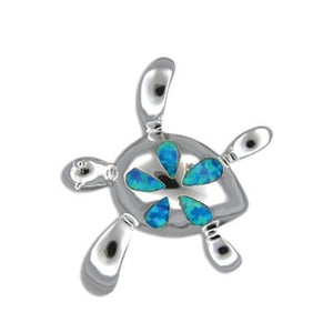 Sterling Silver Hawaiian Honu Blue Opal Plumeria Pendant