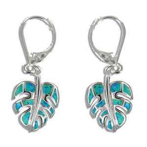 Sterling Silver Hawaiian Blue Opal Monstera Leaf Earrings