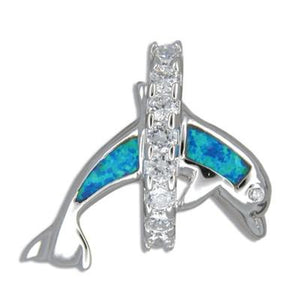 Sterling Silver Jumping Blue Opal Dolphin & Hawaiian CZ Lei Pendant