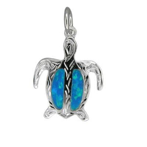 Sterling Silver Hawaiian Hand Carved Blue Opal Honu Pendant~Small