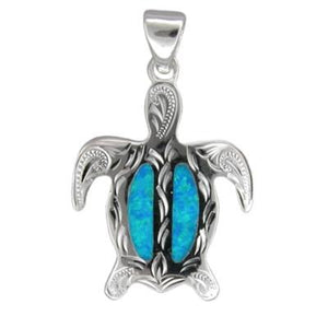 Sterling Silver Hawaiian Hand Carved Blue Opal Honu Pendant~Medium