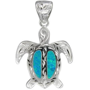 Sterling Silver Hawaiian Hand Carved Blue Opal Honu Pendant~Large