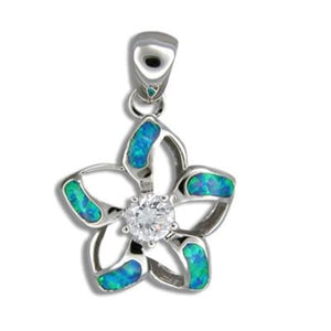 Sterling Silver Hawaiian Cut-in Blue Opal Plumeria Pendant