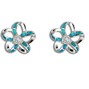 Sterling Silver Hawaiian Cut Out Blue Opal Plumeria Earrings