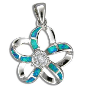 Sterling Silver Hawaiian Cut Out Blue Opal Plumeria Pendant