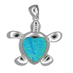 Sterling Silver Hawaiian Blue Opal Heart Honu Pendant