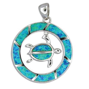 Sterling Silver Hawaiian Blue Opal Honu in Circle Pendant