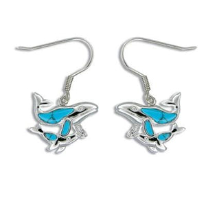 Sterling Silver Hawaiian Blue Turquoise Mother & Baby Whale Earrings