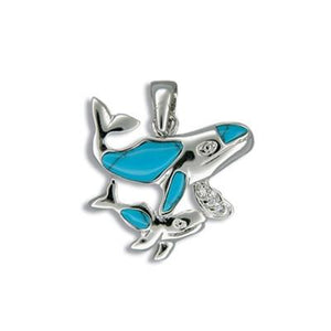 Sterling Silver Hawaiian Blue Turquoise Mother & Baby Whale Pendant