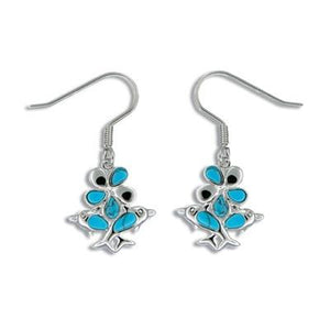 Sterling Silver Hawaiian Blue Turquoise Plumeria & Dolphin Bouquet Earrings