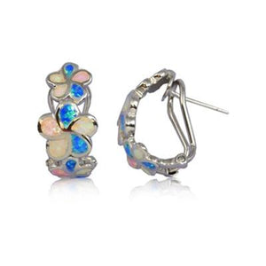 Sterling Silver Hawaiian Rainbow Opal Plumeria Hoop Earrings