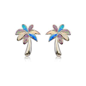 Sterling Silver Hawaiian Rainbow Opal Tropical Palm Stud Earrings