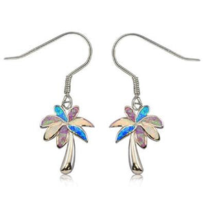 Sterling Silver Hawaiian Rainbow Opal Tropical Palm Dangle Earrings