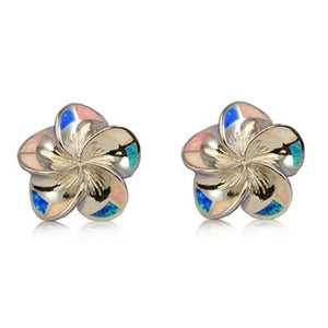 Sterling Silver Hawaiian Rainbow Opal Plumeria Stud Earrings~Small