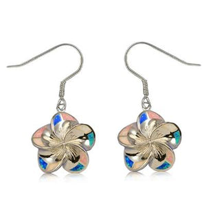 Sterling Silver Hawaiian Rainbow Opal Plumeria Dangle Earrings~Small