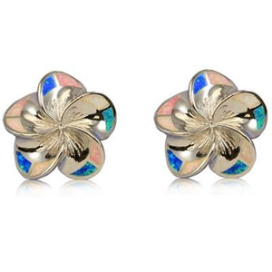 Sterling Silver Hawaiian Rainbow Opal Plumeria Stud Earrings