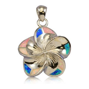 Sterling Silver Hawaiian Rainbow Opal Plumeria Pendant~25mm