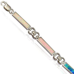 Sterling Silver Hawaiian Rainbow Opal Rectangle Bar and Chain Link Bracelet