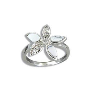 Sterling Silver Hawaiian White Turquoise Plumeria CZ Ring