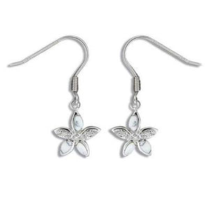 Sterling Silver Hawaiian White Turquoise Plumeria CZ Dangle Earrings