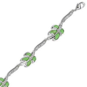 Sterling Silver Hawaiian Green Turquoise Monstera Leaf CZ Bracelet