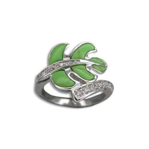 Sterling Silver Hawaiian Green Turquoise Monstera Leaf CZ Ring