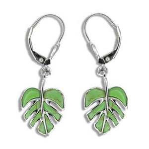 Sterling Silver Hawaiian Green Turquoise Monstera Leaf Lever Earrings