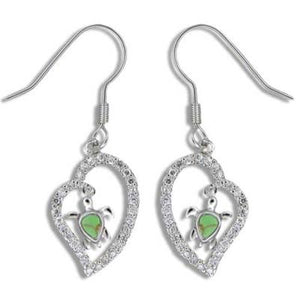 Sterling Silver Hawaiian Green Turquoise Honu CZ Heart Dangle Earrings