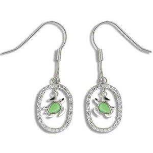 Sterling Silver Hawaiian Green Turquoise Honu CZ Oval Dangle Earrings