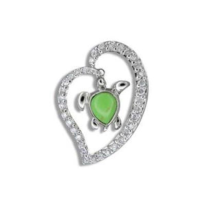 Sterling Silver Hawaiian Green Turquoise Honu CZ Heart Pendant