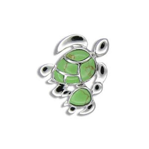 Sterling Silver Hawaiian Green Turquoise Mother & Baby Sea Turtle Pendant