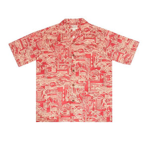 Hilo Hattie Original "Fish & Hook" Cotton Men's Aloha Shirt ~ Red