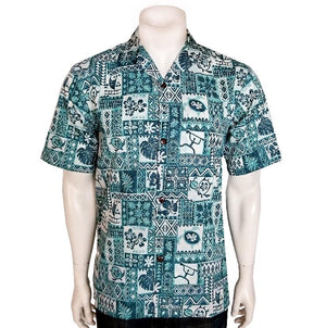 Royal Hawaiian Creations Tapa Poly Cotton Men's Aloha Shirt ~ Green