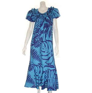 Monstera Ruffle Neck Ladies Poly Cotton Dress ~ BLUE