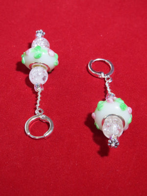 Crackle Glass and Pink/Green Flower Rondelle Earrings